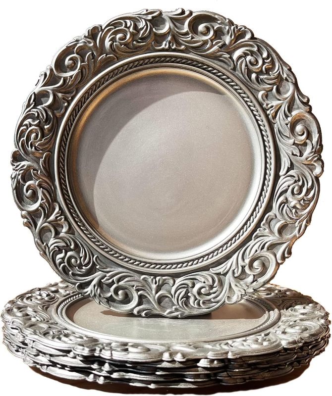 Photo 1 of **$36 retail price for 6, comes with 36**
Antique Silver Charger Plates Embossed Rim, 13 Inch Dinner Plate Chargers Round Server Ware. Set of 6 Plastic Charger for Dinner, Wedding, Elegant Tableware Decor
