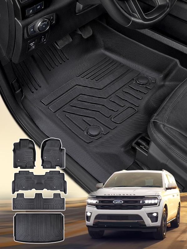 Photo 1 of for Ford Expedition Max Floor Mats 2018-2023 2024, Custom Waterproof All-Weather Guard TPE Rubber Car Floor Liners, 3 Rows & with Cargo Liner Full Set for Second Row Bench Seat, Only for 8 seaters
