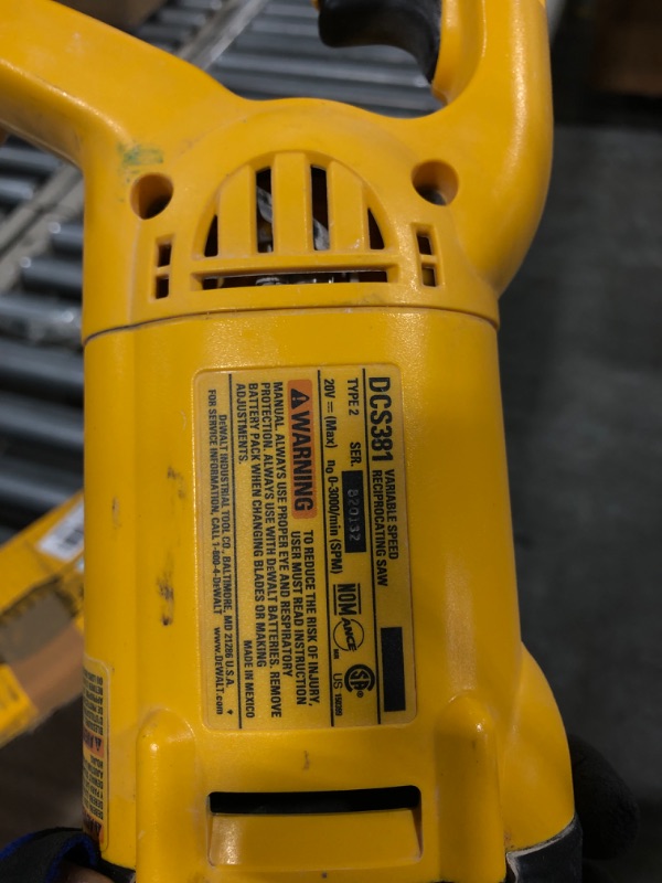 Photo 4 of ** use for parts, missing battery**
DEWALT 20V MAX Reciprocating Saw, 3,000 Strokes Per Minute, Variable Speed Trigger, Bare Tool Only (DCS380B), Black/Clear Recip Saw Only Saw