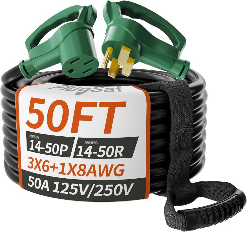 Photo 1 of 50 FT 50 Amp RV/EV Extension Cord Outdoor, 4 Prong Flexible Heavy Duty 6/3+8/1 Gauge STW RV Power Cord Waterproof with Cord Organizer, NEMA 14-50P to 14-50R, Black-Green, ETL
