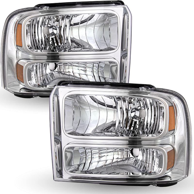 Photo 1 of TUSDAR Headlight Assembly Set for 05-07 Ford F250 F350 F450 F550 Super Duty / 2005 Ford Excursion Driver Passenger Side, Chrome Housing with Amber Reflector
