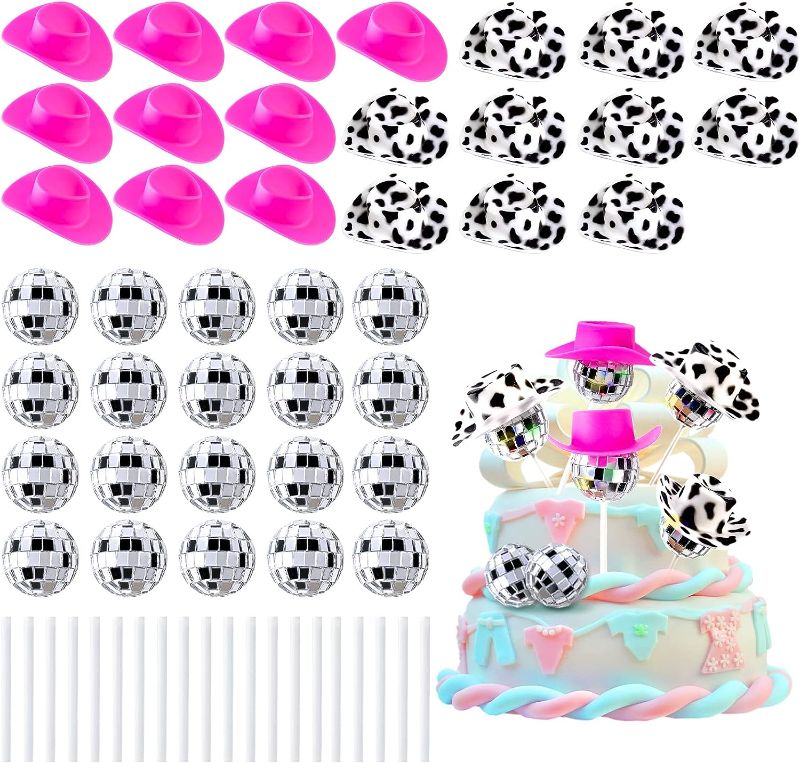 Photo 1 of 60Pcs Disco Cowgirl Pary Cake Decoration, 20Pcs Disco Ball Cup Toppers 10Pcs Mini Pink Cowgirl Hats 10Pcs Cow Print Cowboy Hats Westen Cowgirl Party Birthday Table Decor
