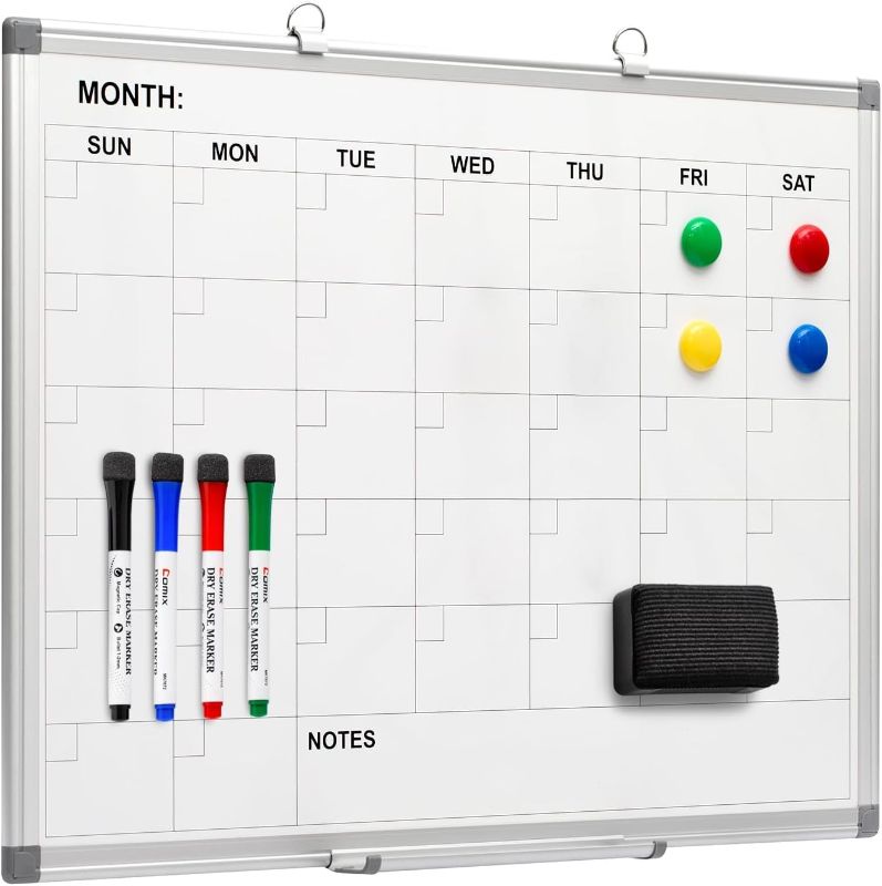 Photo 1 of Comix Magnetic Dry Erase Calendar Whiteboard, 24 x 18 Inches Monthly Calendar Dry Erase Board for Wall, Aluminum Frame Planner White Board with Dry Erase Markers, Dry Erase Eraser, Magnets
