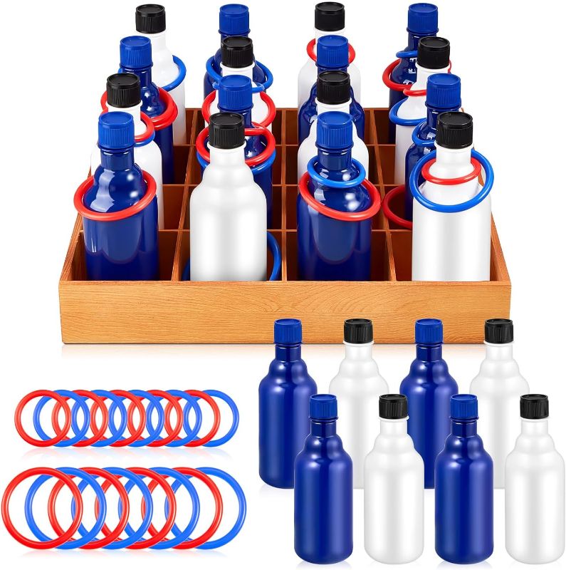 Photo 1 of 81 Pcs Ring Toss Bottle Carnival Game, Included 16 Pcs Plastic Bottles, 64 Pcs Throw Rings and a Wooden Base Box for Carnival Party Backyard Beach Summer Outdoor Activities