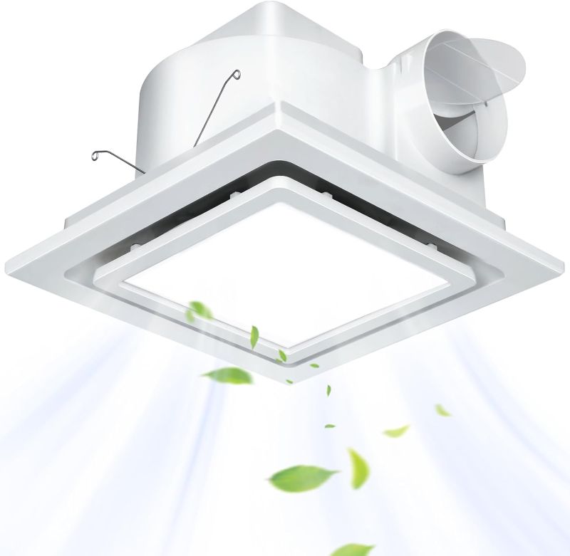 Photo 1 of Bathroom Exhaust Fan with Light 12 inch,Bathroom Fan with Light 4 inch Duct,6000K 12W Square LED,141 CFM,1.0 Sonos,Ceiling Mount Quiet Exhaust Fan for Shower,Bathroom,Office,Home
