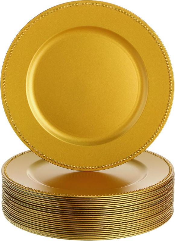 Photo 1 of 50 Pack 13 Inch Charger Plates Plastic Round Dinner Plate with Beaded Rim Reusable Charger Service Plates Reliable Dinner Chargers for Wedding Party Dinner Table Decoration (Gold)
