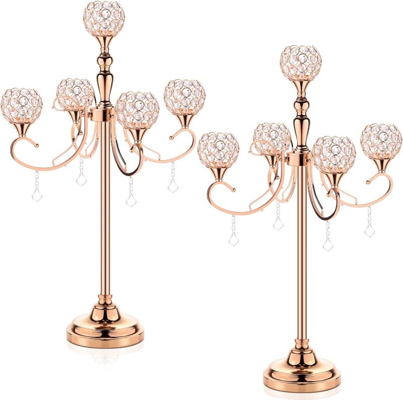 Photo 1 of 2 Pack 5 Arms Gold Candelabra Centerpiece with Crystal Pendant 33 Inch Tall Floor Candle Holder Table Candelabra Stand Crystal Chandelier Candle Holder for Home Wedding Party Events Decoration
