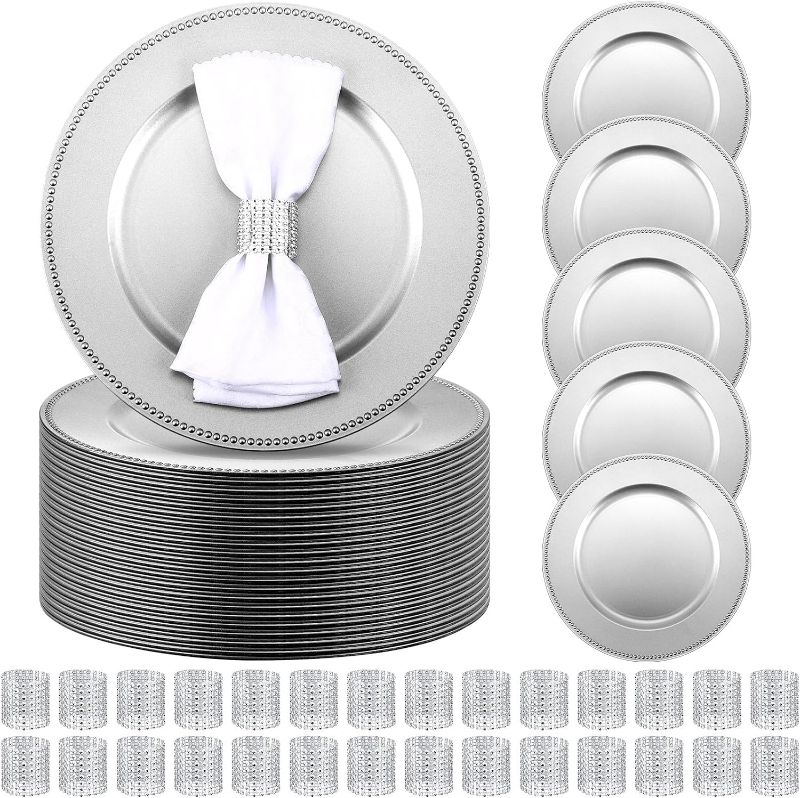 Photo 1 of 100 Pcs(50 set) Charger Plates Bulk with Napkin Rings Set Include 50 Plastic Beaded Plate Chargers 50 Napkin Rings 13'' Round Dinner Plate Chargers Set for Table Setting Wedding Party(Silver)
