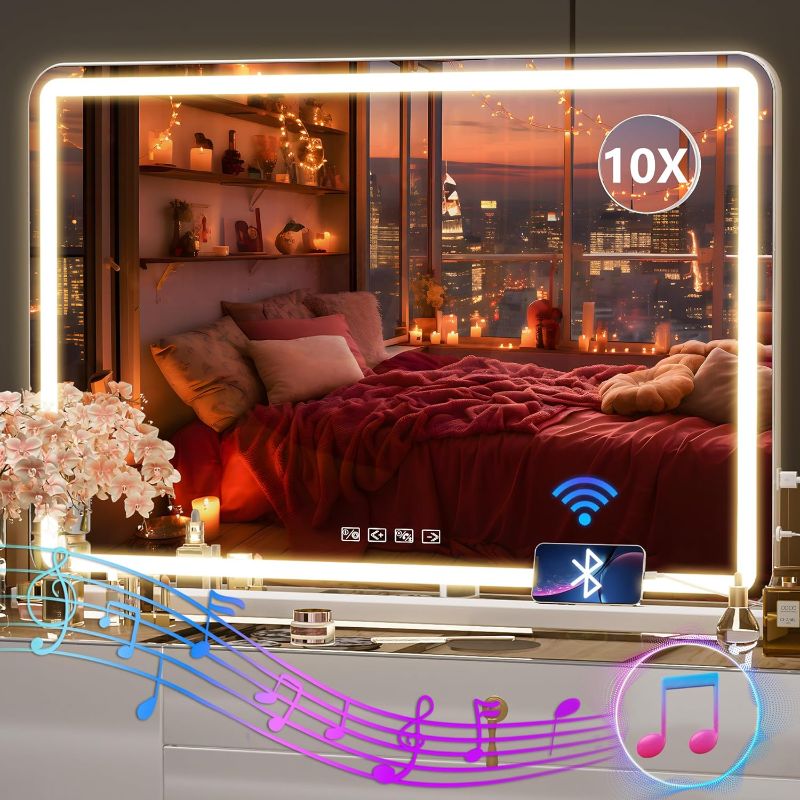 Photo 1 of ***Light only works on 1 side*** Vanity Mirror with Lights and Bluetooth Speaker, 28" x 60" LED Makeup Mirror, Lighted Makeup Mirror with Dimmable 3 Modes, USB Charging Port,  White
