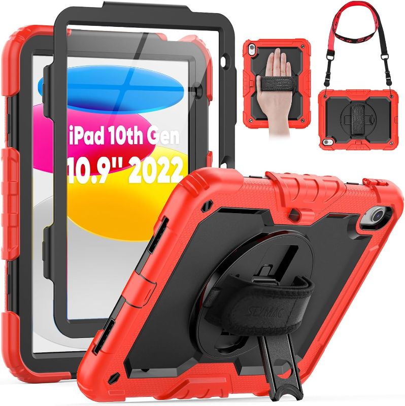 Photo 1 of SEYMAC Case for iPad 10th Generation Case 10.9 Inch 2022, Sturdy Heavy Duty Full-Body Shockproof Protective Case with Screen Protector, Rotating Stand, Hand/Shoulder Strap for iPad 10th Gen, Red
