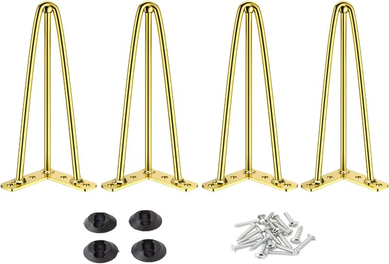 Photo 1 of 10 Inch Hairpin Table Legs with 1/2” Dia 3-Rods, Metal Furniture Legs for Coffee Table and Console Table, Mid-Century Gold Hairpin Legs with Hairpin Floor Protector Feet, 4 Pack
