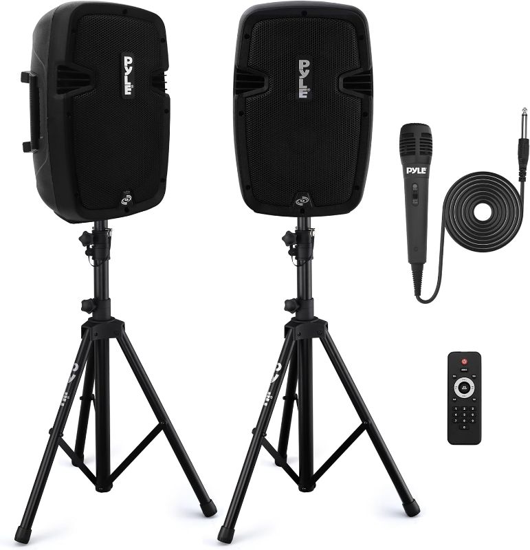 Photo 1 of Pyle Powered PA Speaker System Active & Passive Bluetooth Loudspeakers Kit with 8 Inch Speakers, Wired Microphone, MP3/USB/SD/AUX Readers, Speaker Stands,Remote Control - Pyle PPHP849KT Black
