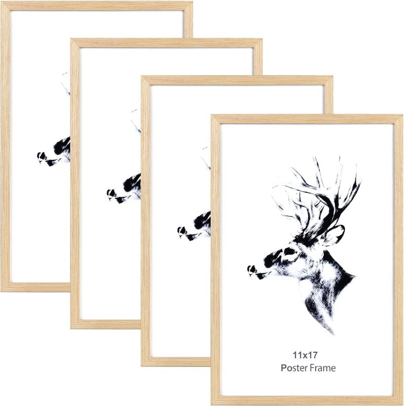 Photo 1 of 11x17 Picture Frames Set of 4, Solid Oak Wood Poster Frame, Wall Gallery 11 x 17 inches Photo Frames for Wall Mounting (4 pack, Oak)
