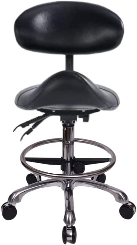 Photo 1 of Saddle Stool Chair with Backrest and Foot Ring, Ergonomic Rolling Esthetician Seat for Salon, Tattoo Shop, Spa, Facial lash Home, Dentist Clinic, Esthetician Chair, Black
