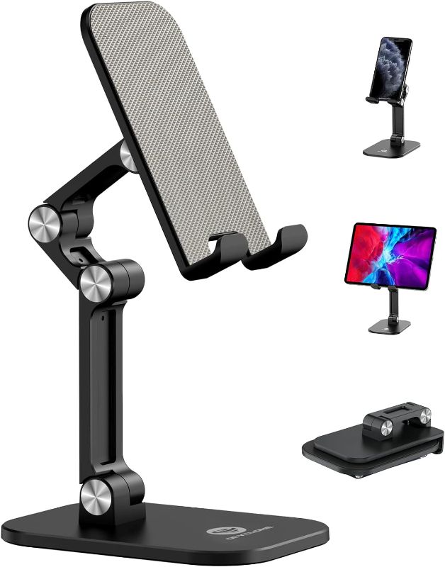 Photo 1 of OCYCLONE Phone Stand, Adjustable Height and Angle Foldable Cell Phone Stand Holder for Desk, Taller iPhone Stand Compatible 4-11 Inch All Mobile Phone/iPad/Tablet - Black
