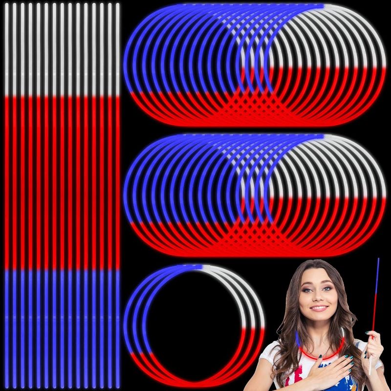 Photo 1 of 150 Pcs 22 Inch Red White Blue Glow Necklaces Glow Stick Bulk Tricolor 4th of July Light Up Stick Patriotic Themed Decoration for Independence Day Raves Patriotic Party Festivals Kids Adults
