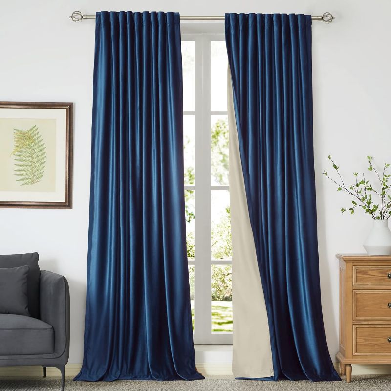 Photo 2 of 100% Full Blackout Navy Blue Velvet Curtains 108 inch Long for Living Room,Set of 2 Panels Liner Rod Pocket Back Tab Thermal Window Curtains Room Darkening Heavy Decorative Drapes for Bedroom
