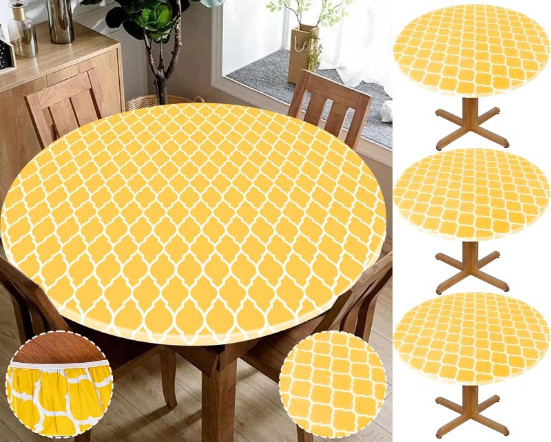 Photo 1 of 3 Pcs Round Fitted Tablecloth, Stretch 100% Waterproof Elastic Vinyl Picnic Table Cover Fits 36"-44" Round Tables, Flannel Backed Lining Table Cloth Cover, Outdoor Camping Tablecloth - Moroccan Yellow
