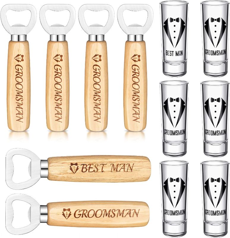 Photo 1 of 12 Pcs Groomsmen Shot Glasses and Beer Bottle Opener Set Include 6 Best Man Groomsmen Shot Glasses and 6 Bottle Opener Bulk Groomsmen Gifts Groomsman Proposal Gifts for Wedding Favor (Simple)
