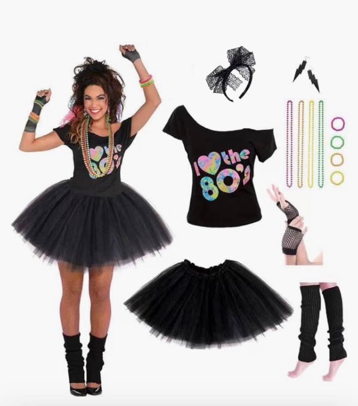 Photo 1 of Women's 80's Costumes with Accessories Set Tutu Skirt Earrings Necklace Bracelets Fishnet Gloves Legwarmers Headband All in …
