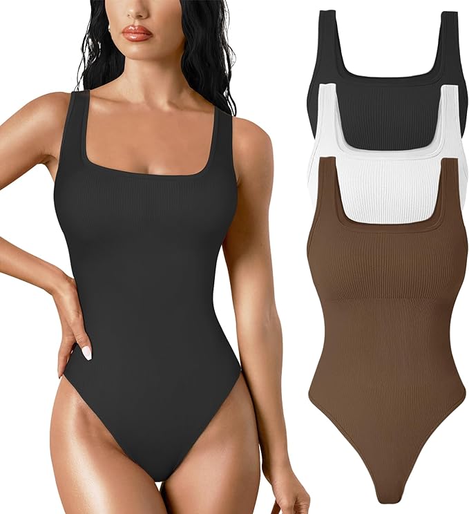 Photo 1 of TDIFFUN Womens Shapewear Bodysuit Tummy Control Thong Body Shaper Seamless Ribbed Square Neck Jumpsuit T-Back (S)
