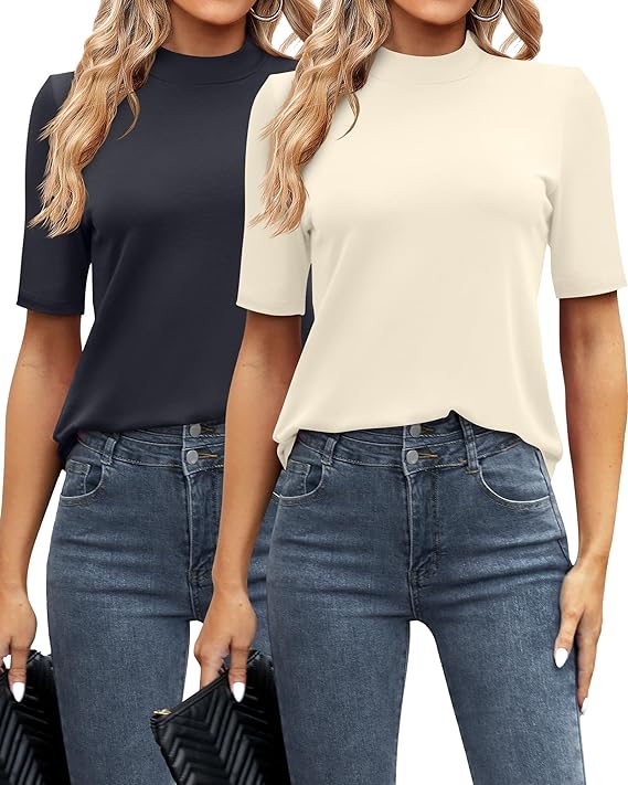 Photo 1 of 2 Pack Women's Business Casual Tops, Mock Neck Shirts Half Short Sleeve Turtleneck Tops Quarter Sleeve Dressy Blouses
