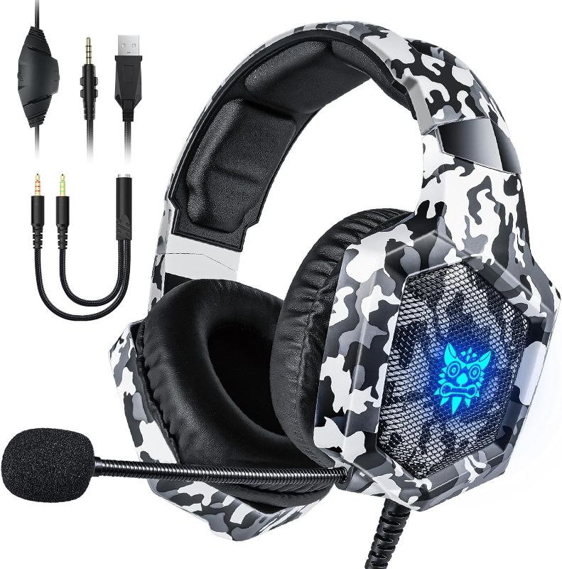 Photo 1 of Gaming Headset with Microphone, Gaming Headphones for PS4 PS5 Xbox One PC with LED Lights, Playstation Headset with Noise Reduction 7.1 Surround Sound Over-Ear and Wired 3.5mm Jack (White)
