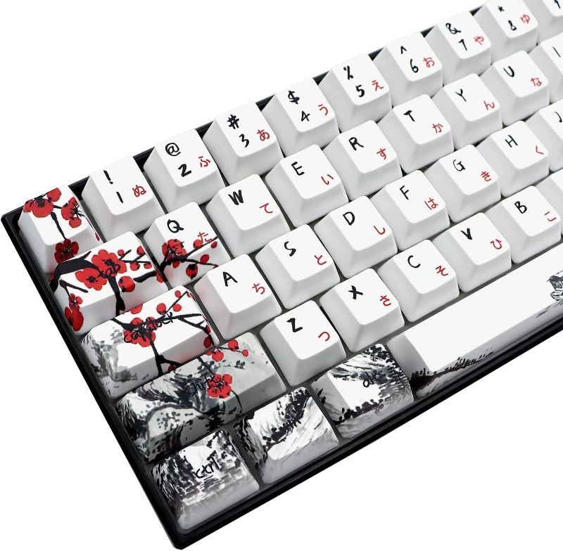 Photo 1 of JSJT Custom Keycap-Keycaps 65 Percent Suitable for GK68/RK68 Mechanical Keyboards 68 White Key Set Japanese Keycaps OEM Profile PBT Keycaps with Keycap Puller (Plum Blossom Keycaps)
