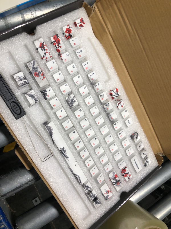 Photo 1 of JSJT Custom Keycap-Keycaps 65 Percent Suitable for GK68/RK68 Mechanical Keyboards 68 White Key Set Japanese Keycaps OEM Profile PBT Keycaps with Keycap Puller (Plum Blossom Keycaps)
