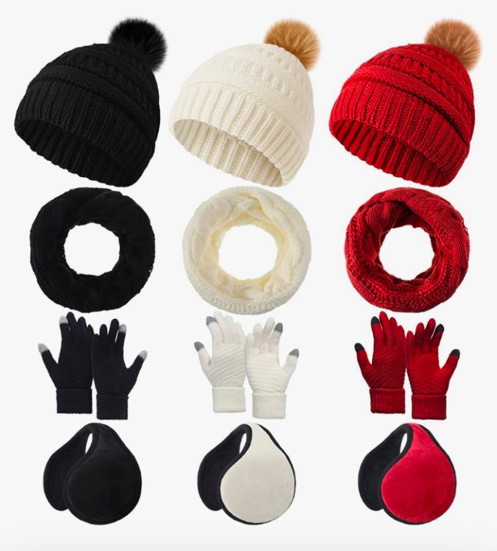 Photo 1 of 12 Pcs Winter Beanie Hat Scarf Gloves Set Knitted Beanie Hat Circle Scarves Gloves Earmuff for Women Men
