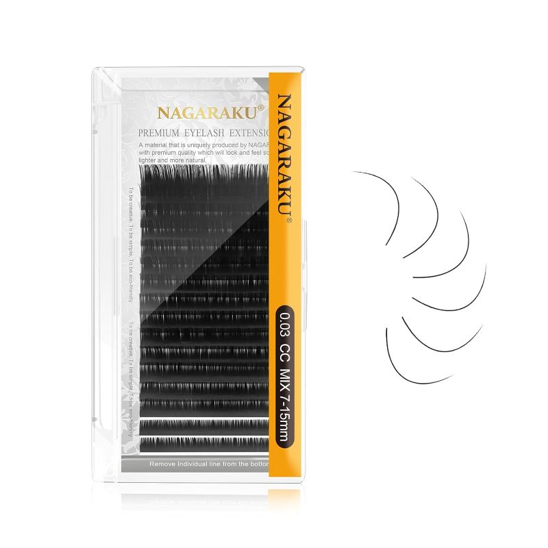 Photo 1 of NAGARAKU Eyelash Extensions Individual Lashes 0.03 CC curl 7-15mm Mix Tray Classic Matte Black Soft Natural Faux Mink 16 rows
