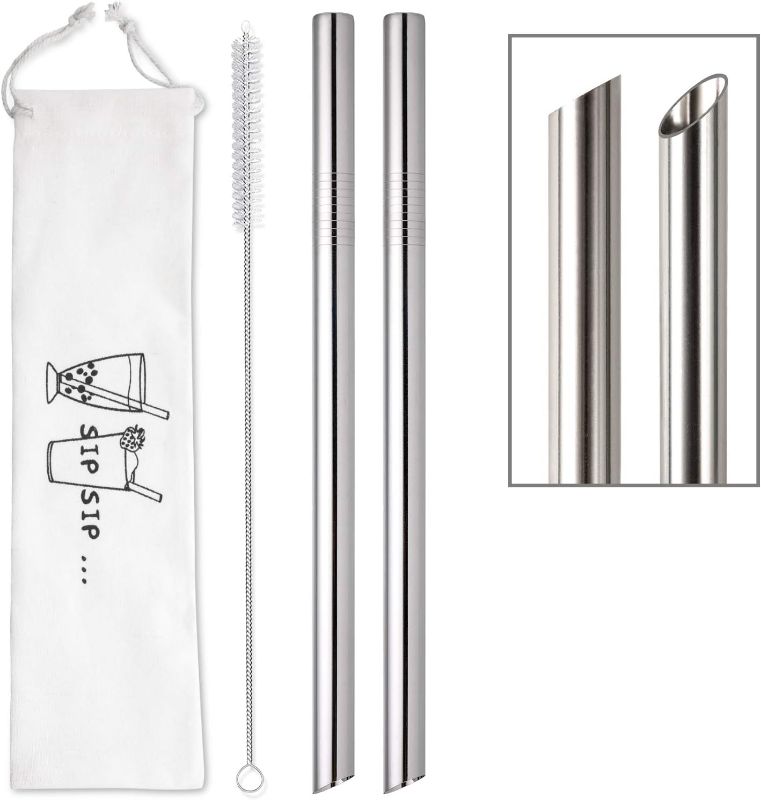 Photo 1 of [Angled Tips] 2 Pcs Jumbo Reusable Bubble Tea Straws & Smoothie Straws, 0.5" Wide Stainless Steel Straws, Metal Straws for Bubble Tea/Tapioca Pearl, Milkshakes,Smoothies | 1 Cleaning Brush & 1 Case
