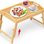 Photo 1 of Breakfast Bed Tray for Eating - Raised Food Table Up to 9.5" on Lap Sofa - Adjustable Bamboo Serving Tray - Portable Snack Platter with Folding Legs Ideal for Bedroom Picnic