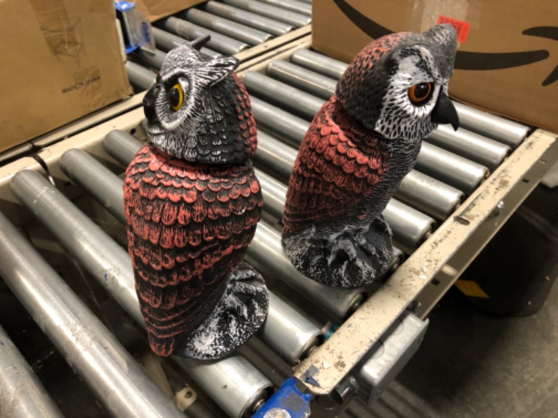 Photo 2 of 2 Pack Fake Owl Decoys to Scare Birds Away from Gardens and Patios, Rotating Head Owl Bird Deterrents, Nature Enemy Scarecrow Plastic Owl Statues, Pest Repellent, Pigeon Deterrent