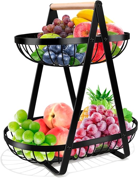 Photo 1 of 2 Tier Fruit Basket for Kitchen, Countertop Fruit Bowl Stand Vegetable Storage Basket with 2 Banana Hangers, Wall Mounted Metal Wire Basket Organizer for Bread Snack Potato Onion, Black