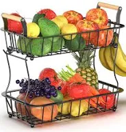 Photo 1 of 2 Tier Fruit Basket for Kitchen, Countertop Fruit Bowl Stand Vegetable Storage Basket with 2 Banana Hangers, Wall Mounted Metal Wire Basket Organizer for Bread Snack Potato Onion, Black