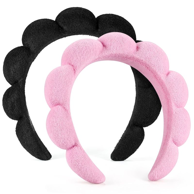 Photo 1 of Spa Headbands for Washing Face or Facial, Set of 2 Skincare Headbands, Terry Cloth Headband Combo Pack - Puffy Makeup Headbands for Face Washing, Mask, Skin Treatment (Pink & Black)