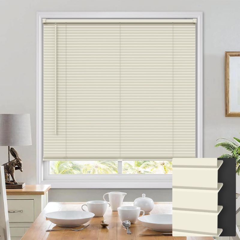 Photo 1 of 100% PRIVACY L-SHAPED BLINDS FOR INDOOR WINDOWS, CORDLESS 1" VINYL HORIZONTAL MINI BLINDS SHADES, IMPROVEMENT THE PRIVACY OF YOUR ROOM, SUITABLE FOR WINDOW SIZE 46" W X 48" H, BEIGE BEIGE 46" W × 48" H?BY WINDOW SIZE?