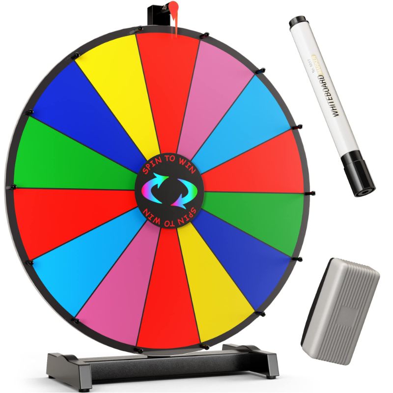 Photo 1 of  18 INCH HEAVY DUTY SPINNING PRIZE WHEEL - 14 SLOTS COLOR TABLETOP ROULETTE WHEEL OF FORTUNE - SPIN THE WHEEL WITH DRY ERASE MARKER AND ERASER WIN THE FORTUNE SPIN GAME FOR CARNIVAL AND TRADE SHOW 18 INCH HEAVY DUTY PRIZE WHEEL - #1 PRIZE WHEEL