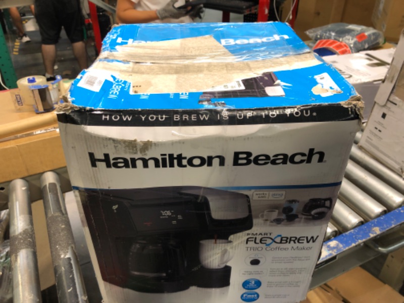 Photo 1 of Hamilton Beach FlexBrew Trio 2-Way Works with Alexa Smart Coffee Maker, Compatible with K-Cup Pods or Grounds, Single Serve or Full 12c Pot, 56 oz. Removable Reservoir, Black (49911)