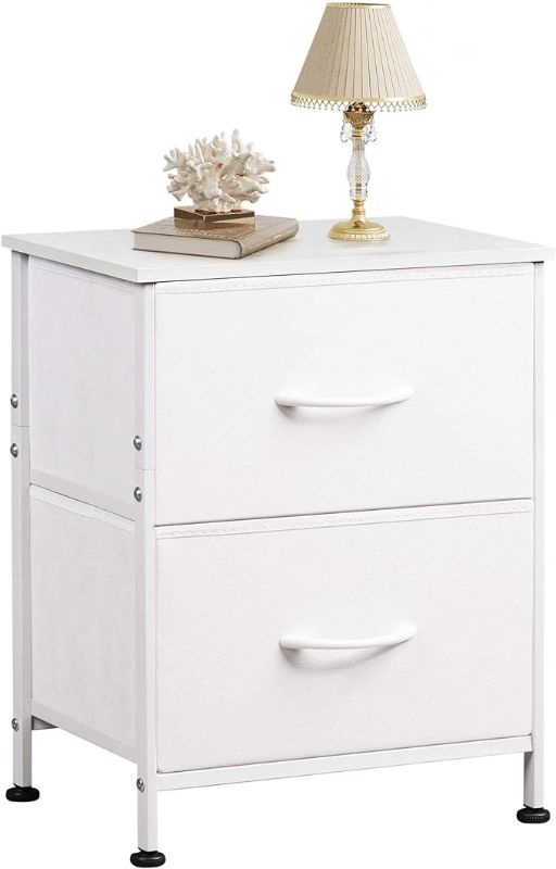 Photo 1 of  White Nightstand, 2 Drawer Dresser for Bedroom, Small Night Stand with Fabric Drawers, Bedside Furniture, End Table for Bedroom, Closet, Entryway, College Dorm