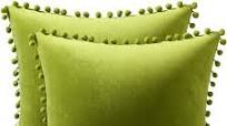 Photo 1 of DEZENE Couch Pillow Cases 18x18 Chartreuse: 2 Pack Cozy Soft Pom-poms Velvet Square Throw Pillow Covers for Farmhouse Home Decor