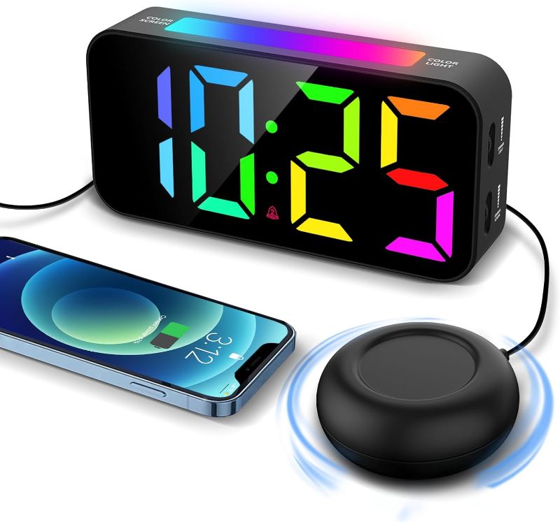 Photo 1 of Alarm Clocks for Heavy Sleepers, Vibrating Alarm Clock with Bed Shaker, Night Light, Large Display, Dimmable Loud Clock for Adults Hearing Impaired Deaf Seniors Teens (RGB)