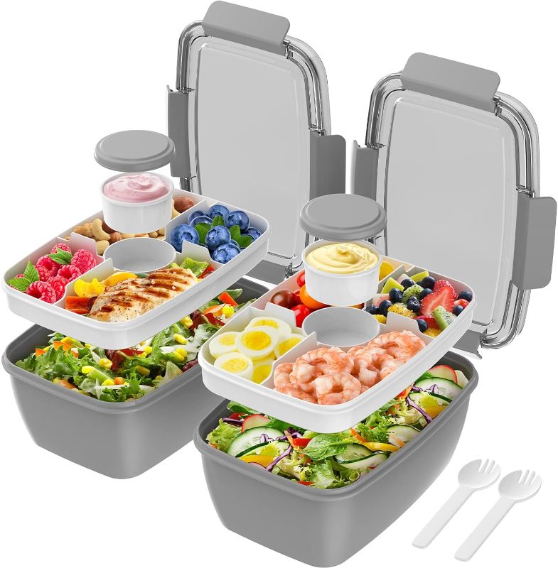 Photo 1 of Cherrysea 2Pack Salad Lunch Container, 68oz Salad Bowls with 4 Compartments Tray,Leak Proof Lunch Box with Fork for Men,Women BPA-Free Snack Container with Sauce Container for Dressings-Grey