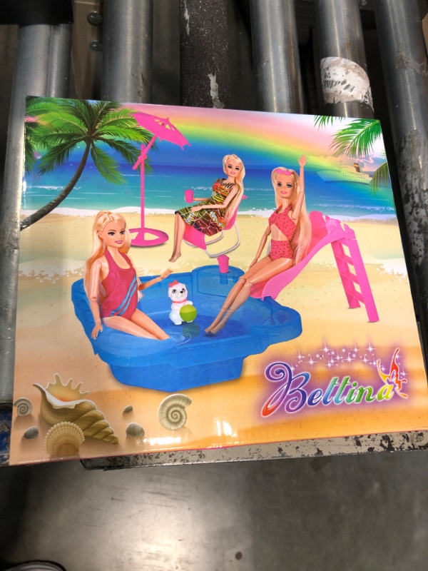 Photo 2 of BETTINA Glam Pool Playset - Doll and Pool with 2 Swimsuits & Slide & Pool Accessories, Dollhouse Accessories, Girls Toys Gifts for Christmas Birthday for 3 to 7 Year Olds (Doll Includes)