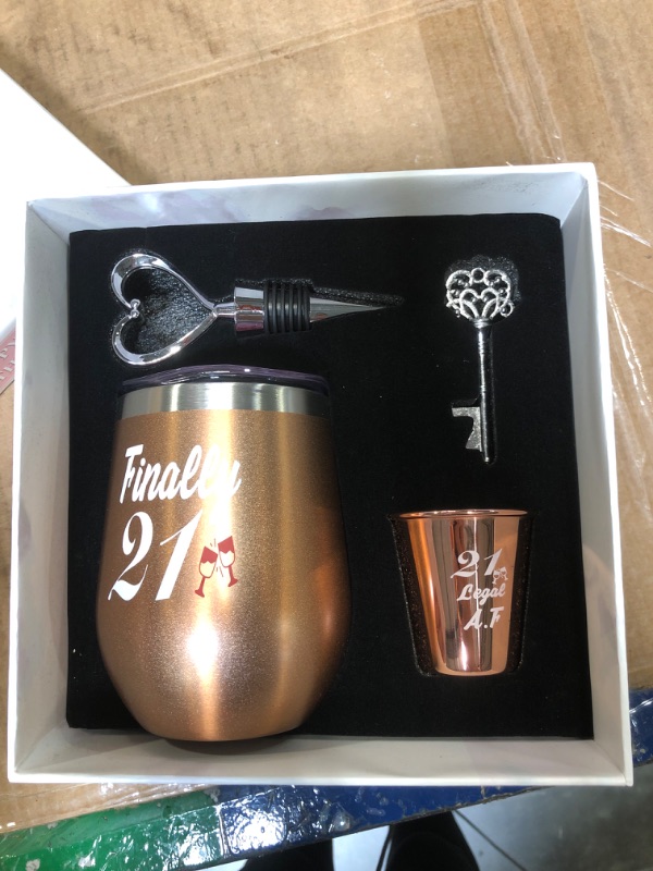 Photo 2 of 21st Birthday Gifts For Women, Funny Birthday Wine Gifts Ideas for Her, Friend, Daughter, Sister | Unique Finally 21 Stainless Steel Wine Tumbler Shot Glass Set For 21 Year Old