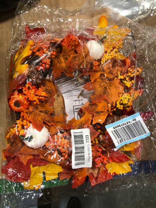 Photo 2 of [ Timer ] 20" Prelit Fall Wreath Thanksgivings Decor for Front Door with 20 Warm Light Pumpkin Maples Leaf Pine Cone Berry Battery Operated Fall Autumns Harvest Home Indoor Outdoor