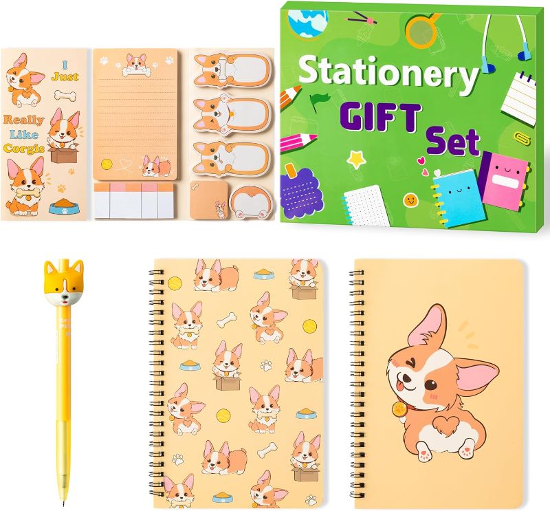 Photo 1 of Xqumoi Corgi Sticky Note A5 Notebooks Pen Stationary Set - Corgi Self-Stick Notes Pads 2 Pack Spiral Notebooks Black Gel Ballpoint Pen School Office Supplies Teacher Appreciation Gift with Box