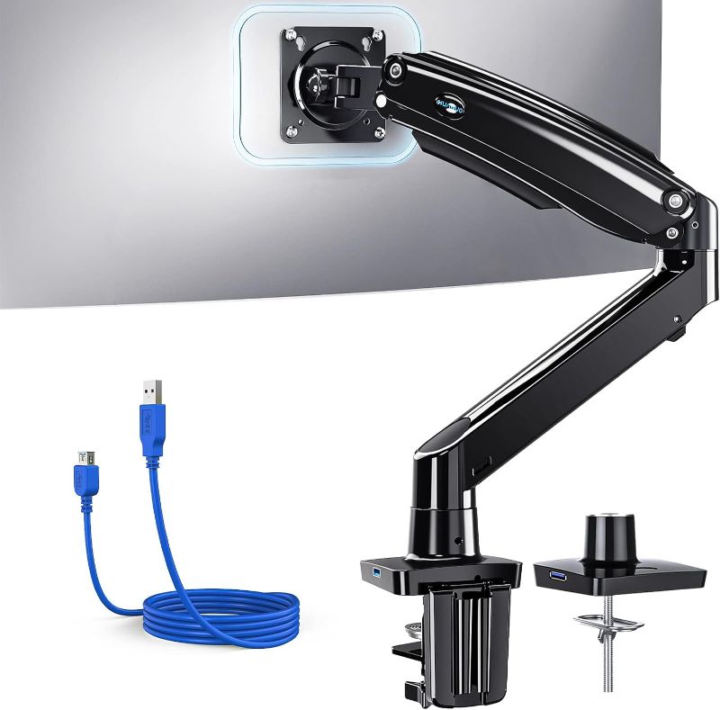 Photo 1 of HUANUO Single Monitor Arm Holds 26.48 lbs, Ultrawide Computer Monitor Stand for 35 inch Screens, Upgraded Adjustable Monitor Mount with USB, C-Clamp & Grommet Base, VESA 75x75 or 100x100mm
