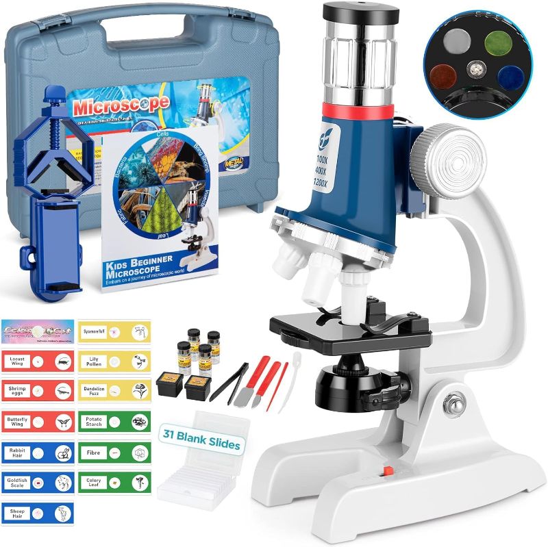 Photo 1 of 58-pcs Microscope Kit for Kids 5-7 8-12, 100X-1200X Kids Microscope with Metal Body Microscope, Carrying Box, LED Light, Science Experiments Kit Toys for Kids 3-5 6 7 8 9 10 Birthday Gift
